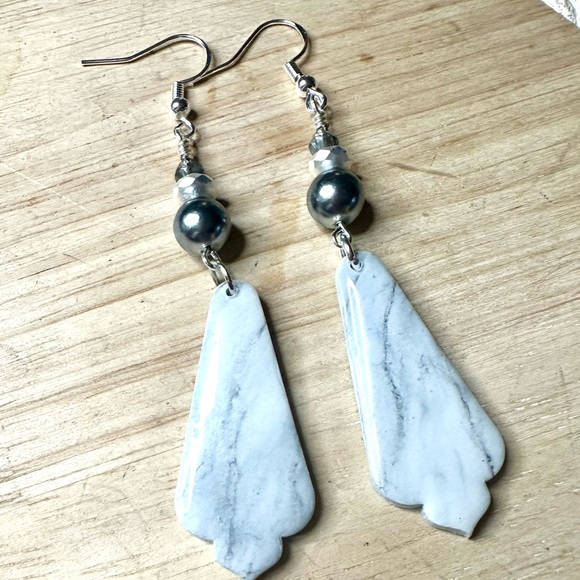 Handmade White Polymer Clay Earrings with Silver Accents - Picture 6 of 6